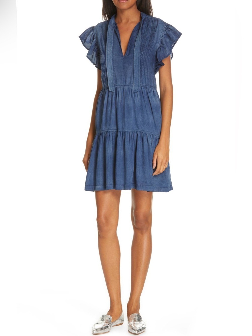 Rebecca Taylor La Vir Pleated Chambray Tie-Neck Dress - Picture 2 of 11